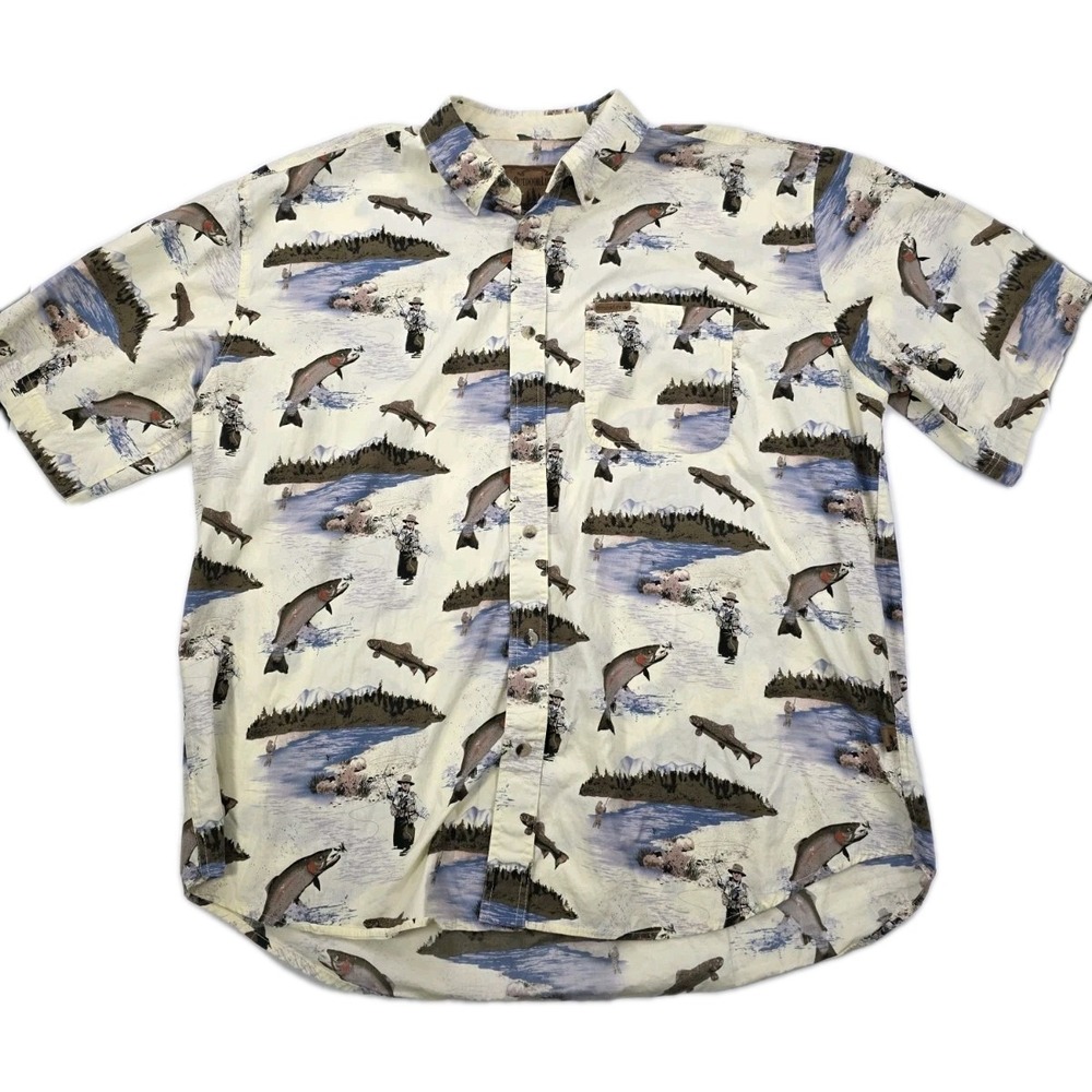 Outdoor Life Men's XL Short Sleeve Button Front Shirt All Over Fish Print VTG